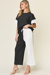 Double Take Full Size Texture Contrast T-Shirt and Wide Leg Pants Set OutfitFlow